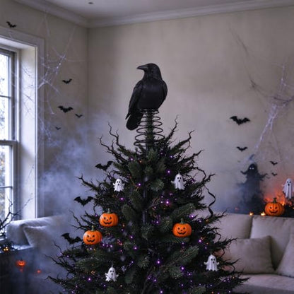 Halloween Black Crow Tree Topper with Feather Design and Metal Spring Base
