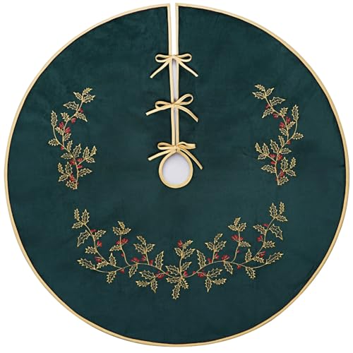 Dark Green Velvet Christmas Tree Skirt 48 Inch with Holly Embroidery - Holiday Decor