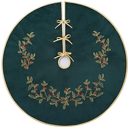 Dark Green Velvet Christmas Tree Skirt 48 Inch with Holly Embroidery - Holiday Decor
