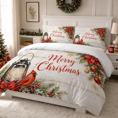 Christmas King Bedding Set with Rustic Red Cardinal Bird Design, Comforter & Pillowcases - FUYEUN Variation 17-02