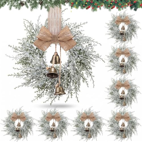 8 Pcs Mini Christmas Wreaths with Bells and Ribbons for Cabinets - Festive Decor