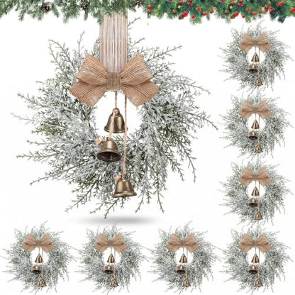 8 Pcs Mini Christmas Wreaths with Bells and Ribbons for Cabinets - Festive Decor