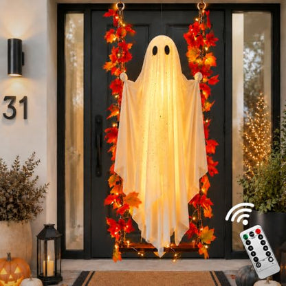 Medium Plus Hanging Ghost Halloween Decorations with Swing & Lights - 5.3ft Outdoor/Indoor Decor