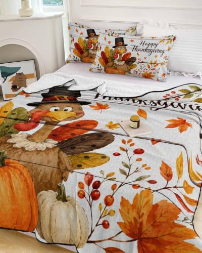 Turkey Thanksgiving Quilts King Size Fall Wooden Pumpkin Berry Soft Comforter Set - Distressed White