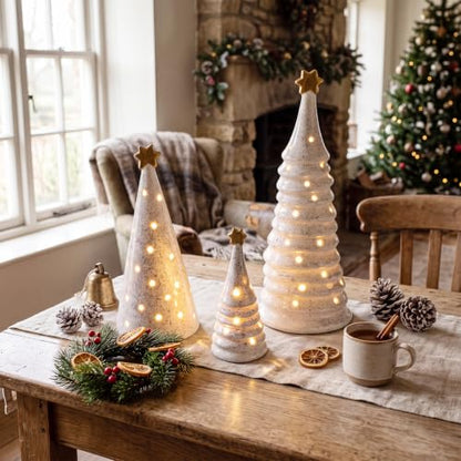 Set of 3 Lighted Ceramic Christmas Trees Tabletop Decor for Holiday Display
