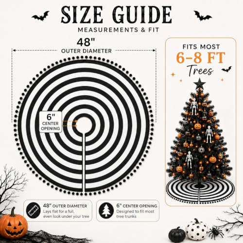 Black and White Christmas Tree Skirt 48 Inch with Pom Poms - Variation of Black and White / 48 Inches