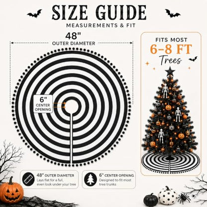 Black and White Christmas Tree Skirt 48 Inch with Pom Poms - Variation of Black and White / 48 Inches