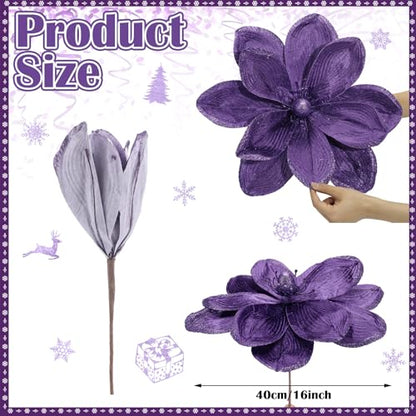 Large 16 Inch Purple Velvet Christmas Magnolia Flowers - 8 Pack