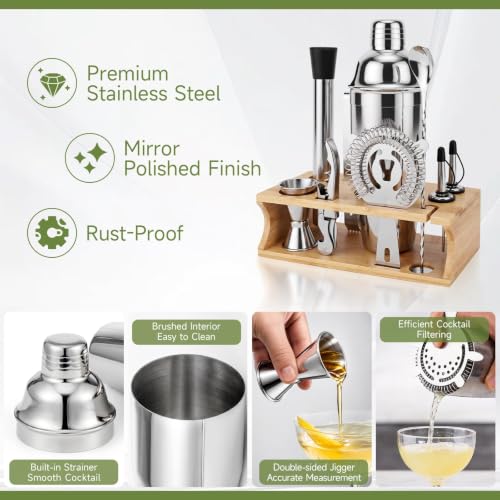 Stainless Steel Cocktail Shaker Set with Stand - Bartender Kit for Home Bar