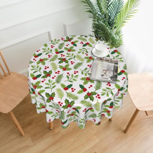 Xmas Holly Round Tablecloth 60 Inch for Indoor Outdoor Holiday Decor - Holly Mistletoe