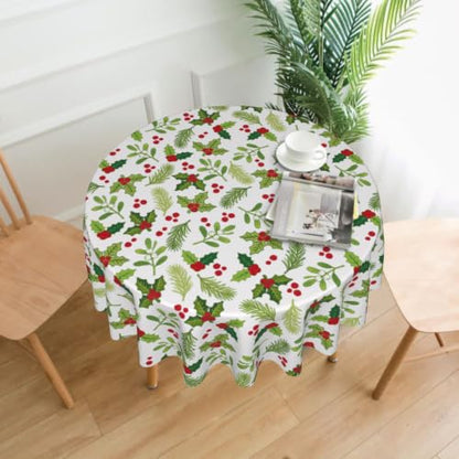Xmas Holly Round Tablecloth 60 Inch for Indoor Outdoor Holiday Decor - Holly Mistletoe