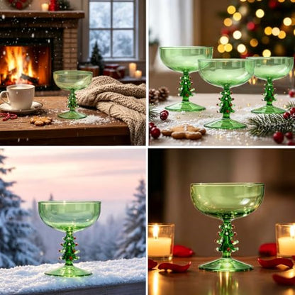 2 Pack Christmas Tree Coupe Glasses Hand Blown Cocktail Martini Glasses