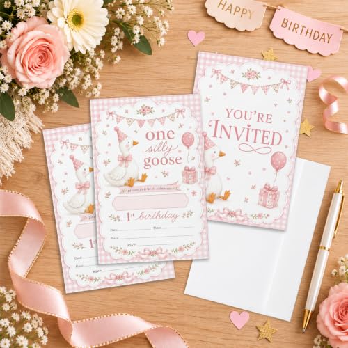 Pink Goose 1st Birthday Invitations - Silly Goose Theme, 20 Pack, 4x6 Inches, Pink Variation