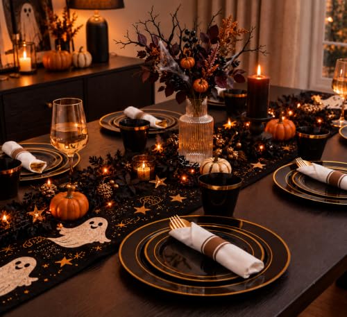 Black and Gold Plastic Dinnerware Set for 50 Guests - 350 Pieces, Includes Plates Cups Napkins