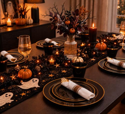 Black and Gold Plastic Dinnerware Set for 50 Guests - 350 Pieces, Includes Plates Cups Napkins