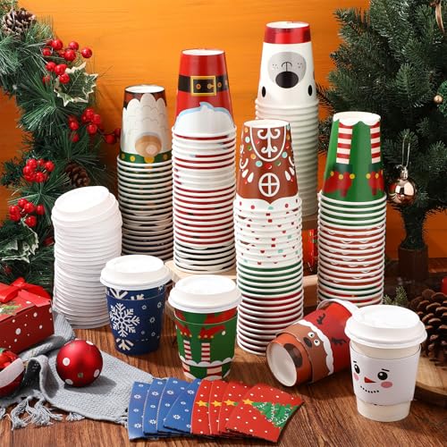 120 Pack Christmas Coffee Cups with Lids & Sleeves - 12 oz Holiday Party Disposable Cups