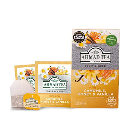 Ahmad Tea Herbal Tea, Camomile, Honey, & Vanilla Teabags, 20 ct (Pack of 6) - Decaffeinated & Sugar-Free