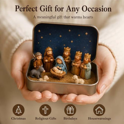 Mini Nativity Scene Set in Tin Box - Religious Christmas Decoration - 1 Piece Variation A