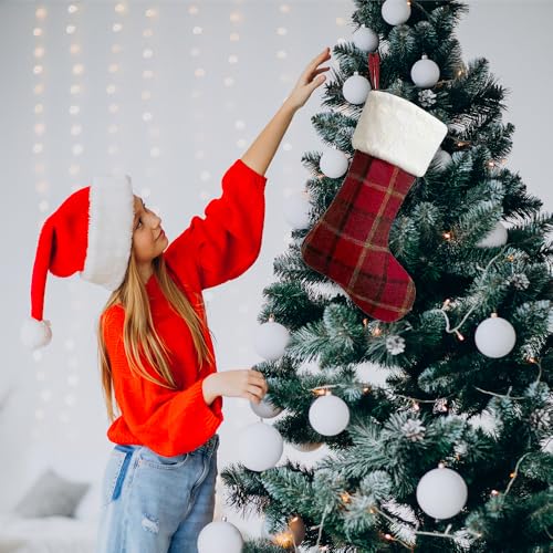 Large Christmas Stockings Plush Velvet Faux Fur Red Plaid Holiday Decor