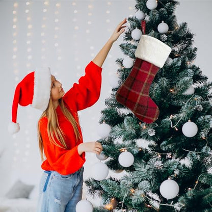 Large Christmas Stockings Plush Velvet Faux Fur Red Plaid Holiday Decor