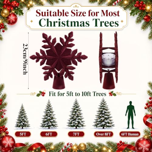 Burken Red Velvet Christmas Tree Topper with LED Snowflake Projector - Elegant Holiday Decor