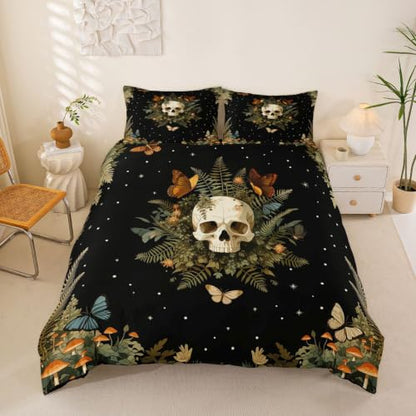 Gothic Skull Duvet Cover Set Queen Size Halloween Bedding - No Comforter, Black Green