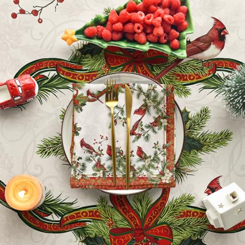 Christmas Tablecloth 60 x 84 Inch Rectangular Red & Green Cardinal Bird
