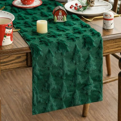 Christmas Tree Table Runner Green 13x120 Inch Faux Fur Holiday Decor