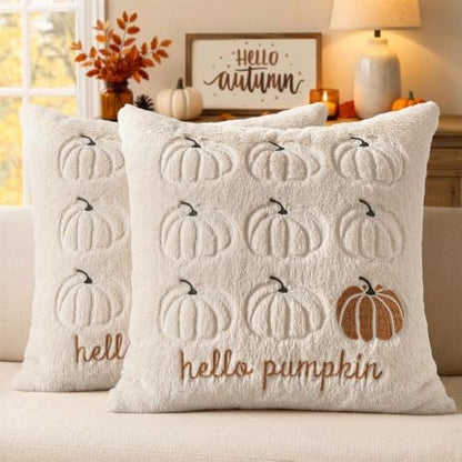 Fall Pumpkin Pillow Covers 18x18 Beige Set of 2 - Harvest Decor