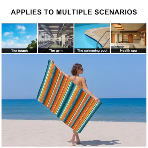 Teal Orange Striped Bath Towel Set of 3 - Microfiber Absorbent Bathroom & Beach Towels