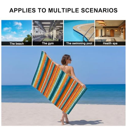 Teal Orange Striped Bath Towel Set of 3 - Microfiber Absorbent Bathroom & Beach Towels