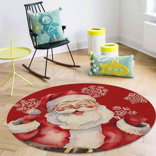 Christmas Round Area Rug 4ft Santa Claus Floor Carpet Washable & Stain-Resistant - Red Snowflake, Scarlet Variation