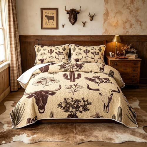 Feelyou King Size Quilt Set with Cactus & Cow Skull Pattern, Sepia Butter Cream