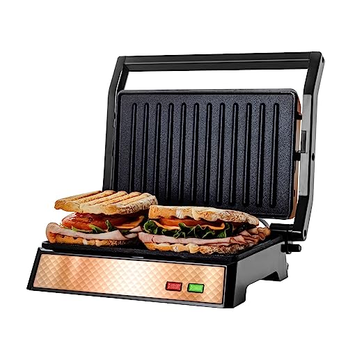 OVENTE Electric Panini Press Sandwich Maker with Non-Stick Coated Plates, Opens 180 Degrees to Fit Any Type or Size of Food, 1000W Indoor Grill Perfect for Quesadillas, Burgers & More, Copper GP0620CO