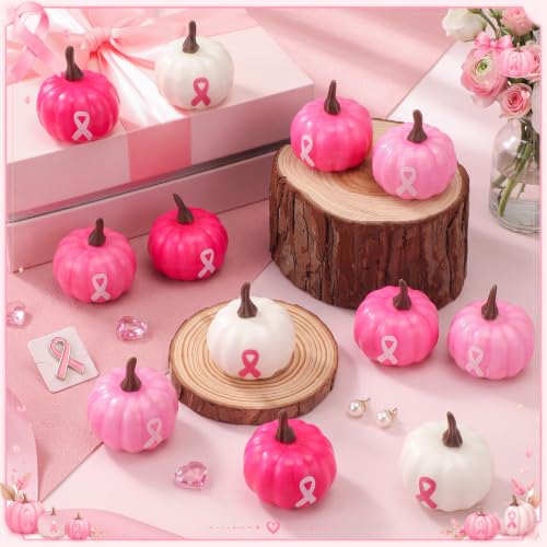 24 Pcs Breast Cancer Awareness Foam Pumpkins Pink Ribbon Gift Set - Fall Halloween Charity Decor