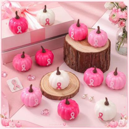 24 Pcs Breast Cancer Awareness Foam Pumpkins Pink Ribbon Gift Set - Fall Halloween Charity Decor