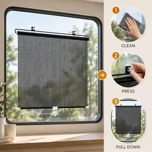 18 x 42-Inch Retractable Window Sun Shade with Suction Cups - No Drill, Portable Mesh Screen for Home Car RV Office Glass Door Skylight