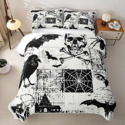 Ash & Ink Gothic Skull Quilt Set for All Seasons King Size Bedding - Halloween Decor