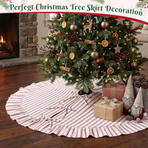 Christmas Tree Skirt 48 Inch Red & White Ruffle with Bows - Burgundy Variation