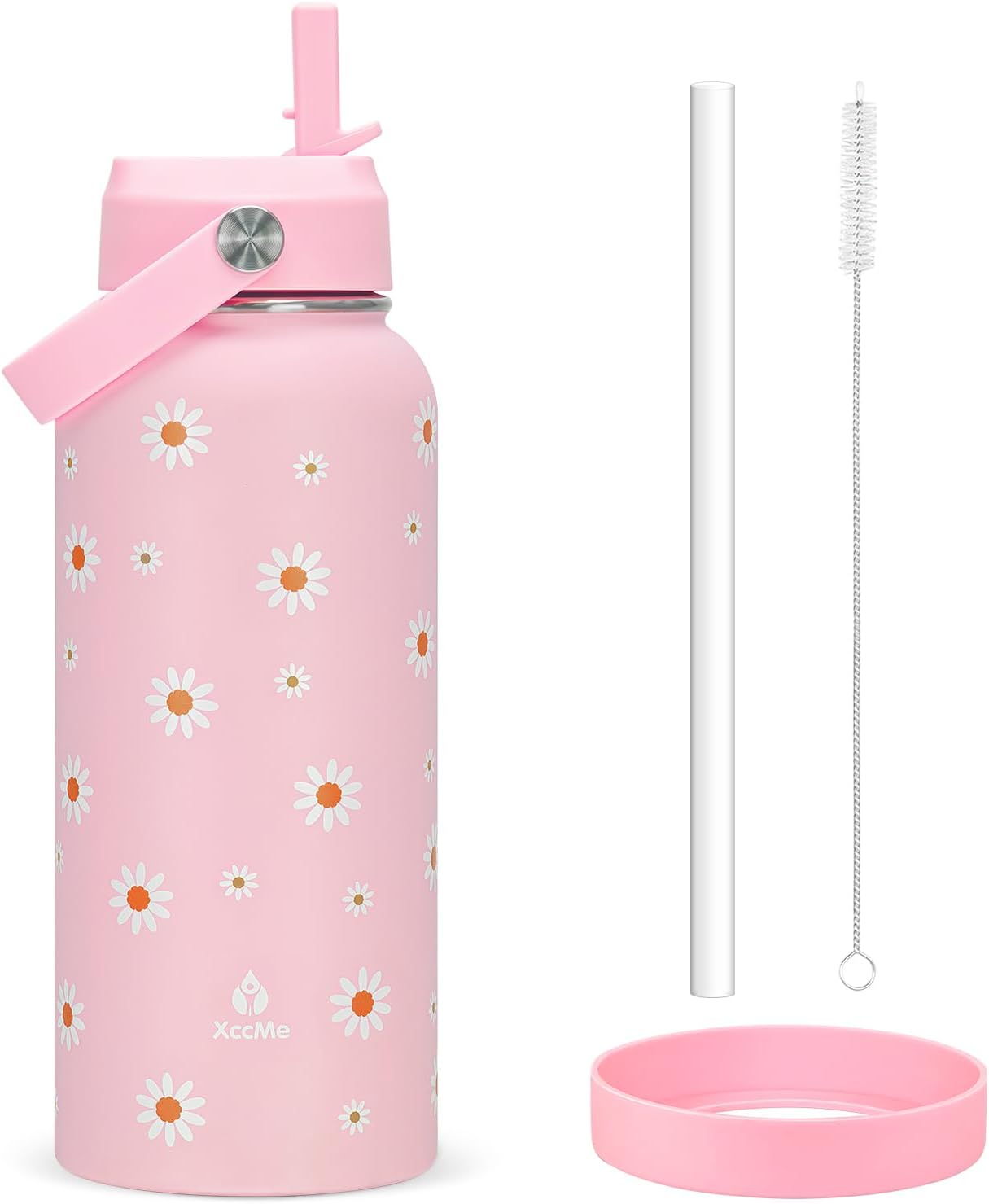 Skiennix Pink Daisy Water Bottle - 32oz Insulated with Flip Straw & Handle | Leak-Proof Stainless Steel Gift for Women & Teens