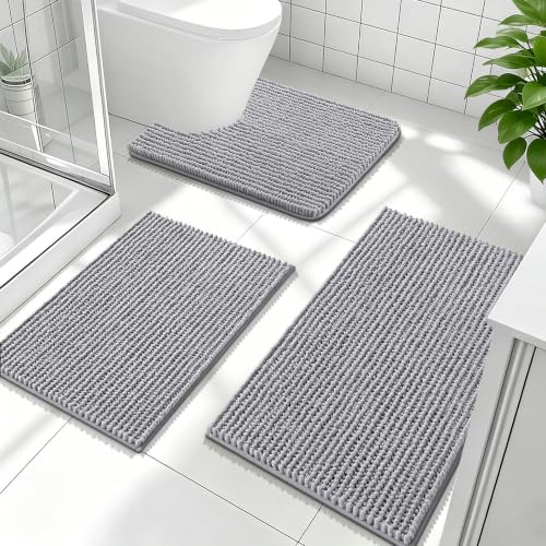 Olany 3-Piece Bathroom Rug Set - Grey, Ultra-Absorbent Chenille Bath Mats with U-Shaped Toilet Rug, Quick Dry, Non-Slip, Home Decor