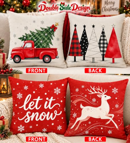 Christmas Pillow Covers 18x18 Inch Set of 4 Double-Sided Linen Decor - Holiday
