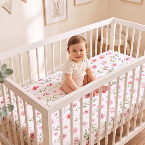 Pink Floral Baby Crib Sheets 3 Pack Fitted 52x28 Inches for Boys Girls