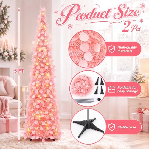 Pink Collapsible Christmas Tree with LED Lights - 5 ft, 2 Pack