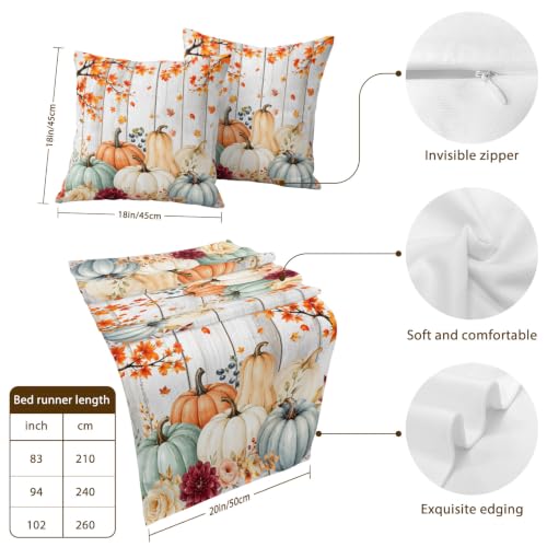 Fall Pumpkin and Maple Leaf Bed Runner Set with Matching Pillow Covers - Blue, Gray, Orange, White, 83x20 Inches