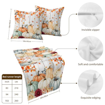 Fall Pumpkin and Maple Leaf Bed Runner Set with Matching Pillow Covers - Blue, Gray, Orange, White, 83x20 Inches