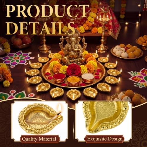 50 Pcs Brass Diya Oil Lamps for Pooja Diwali Decor Lotus Design - Reusable