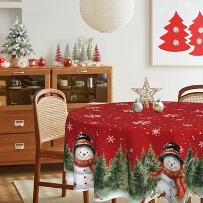 Christmas Snowman Round Tablecloth 60 Inch - Red Holiday Decor