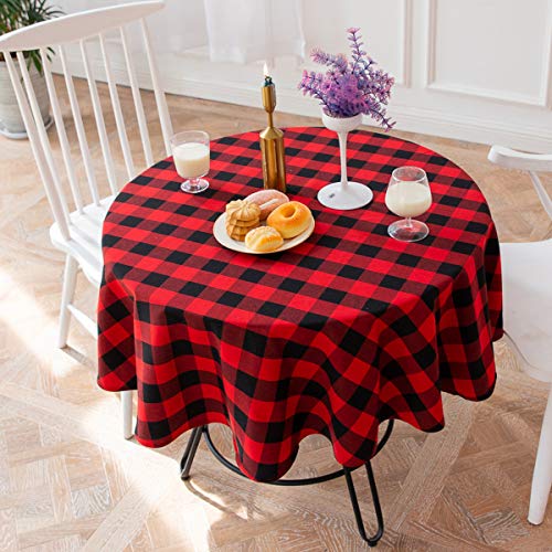 Red & Black Buffalo Check Christmas Round Tablecloth 60 Inch Cotton Linen