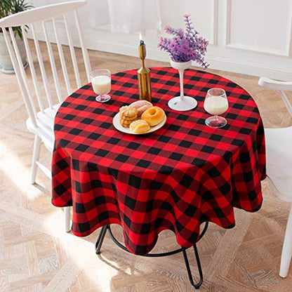 Red & Black Buffalo Check Christmas Round Tablecloth 60 Inch Cotton Linen